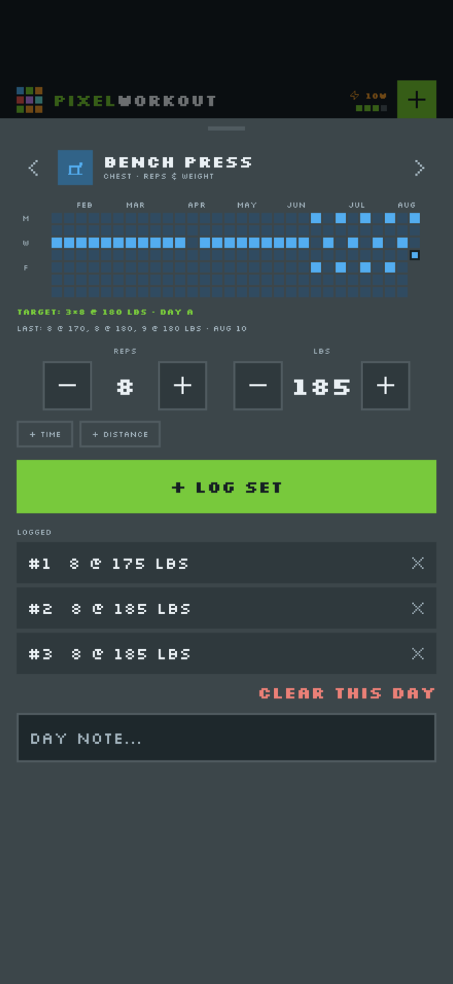 Logging sheet: steppers, targets from your program, and today's logged sets