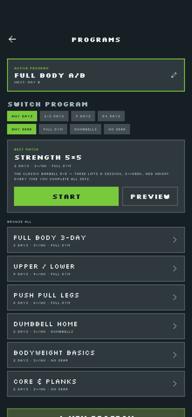 Programs hub: an active program plus a library of presets filtered by days per week and equipment